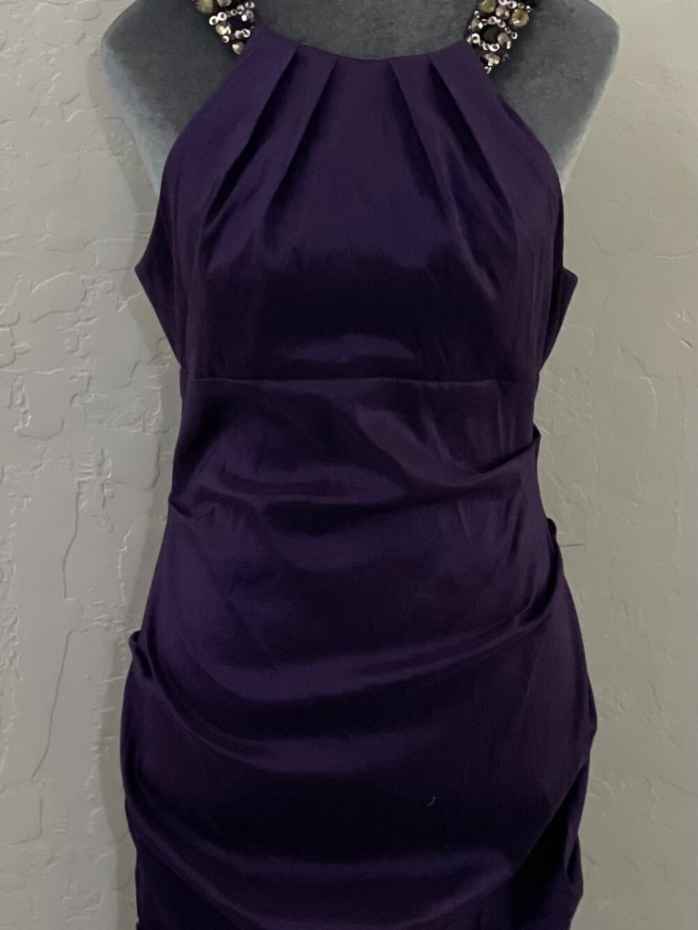 XSCAPE Petite purple ruched dress w/ rhinestones (size 12P)